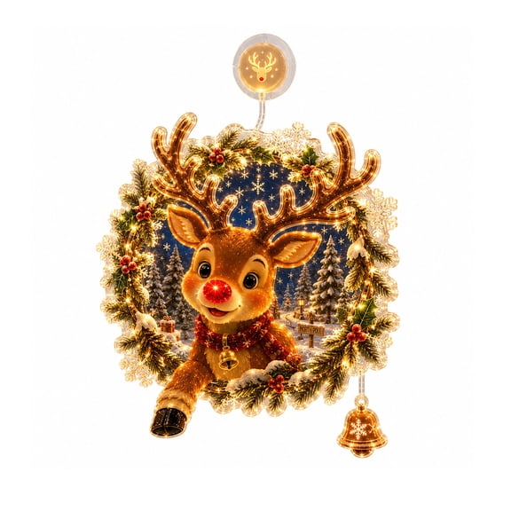 Diceymbol Christmas Suction Cup Window Light Light-Up Festive Window Scene Flat Plastic Christmas Decoration with Warm LED Lights, 7.09 in Reindeer