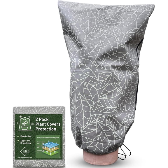 Plant Covers Freeze Protection 32"x47" in 2 Pack | Brown Winter Frost Blankets for Outdoor Plants | Reusable Garden Cover Bags with Zipper Drawstring | Cold Weather Shrub Protection Cloth