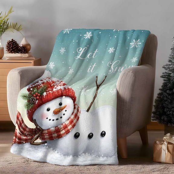 Red Beanie Snowman Throw Flannel Blanket Winter Snowflake Sparkles Mint Blue Super Soft Cozy Bed Blanket, Lightweight Plush Fuzzy Bed Throw for Bedroom Sofa Couch Living Room 60x80in
