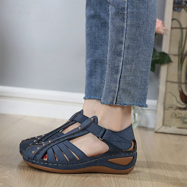 WIZUTIZ Sandales Compensées pour Femmes Sandales Habillées pour Femmes Fête Confortables Sandales Extensibles Ajourées Chaussures à Enfiler Bout Rond Talon Bas (1 Pouces-2 Pouces) Sandales Solides Larges Nouvelles Arrivées Bleu