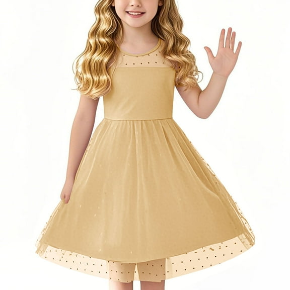 Juslio Girl Dresses Casual Short Sleeve Tulle Summer Beach A-line Knee Length Beige Sundress