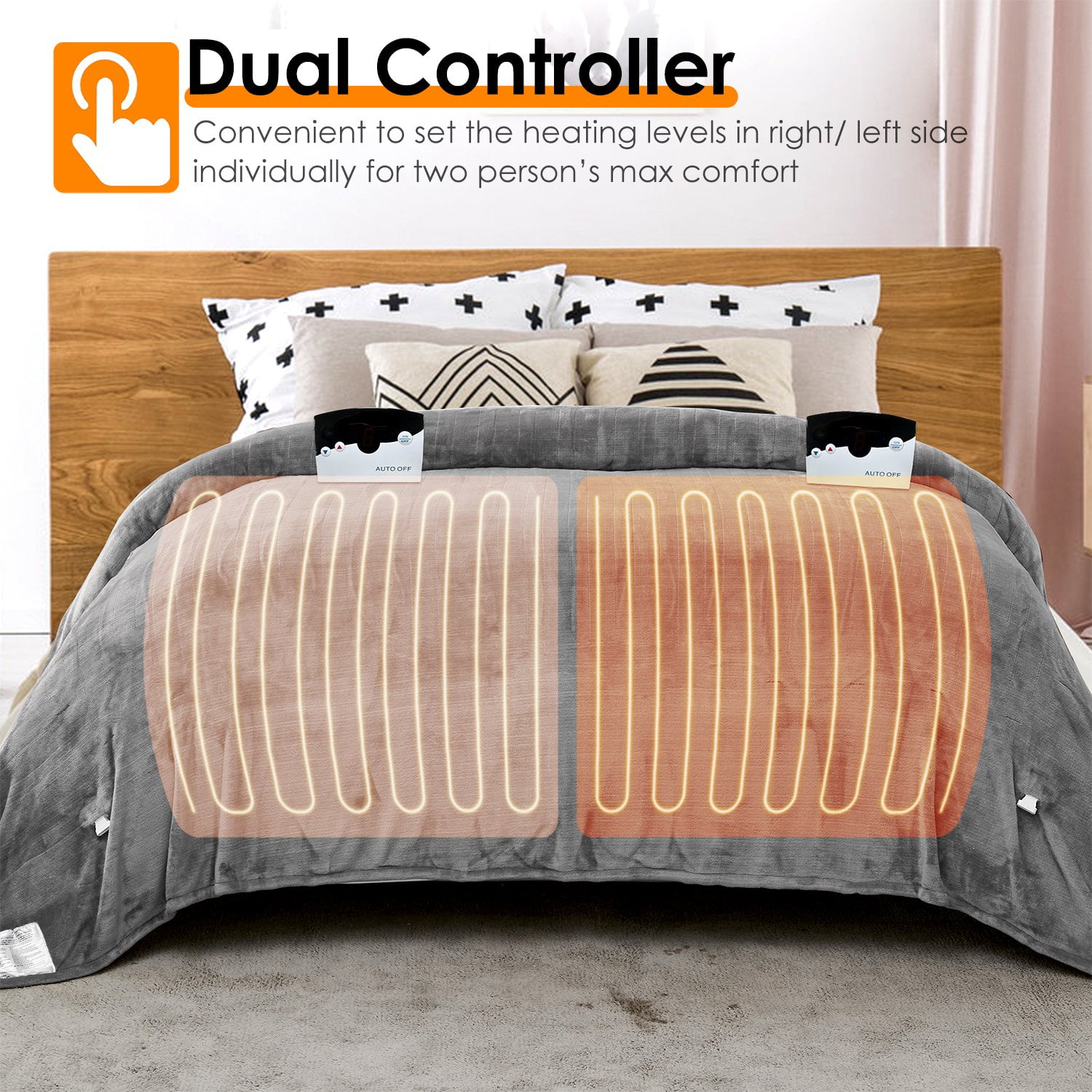Heated Blanket, Electric Heated Blanket 90"x100" King Size, Soft Cozy Flannel Warming Blanket with Dual Controller, 10 Heating Levels, 10 Hours Auto off, Machine Washable