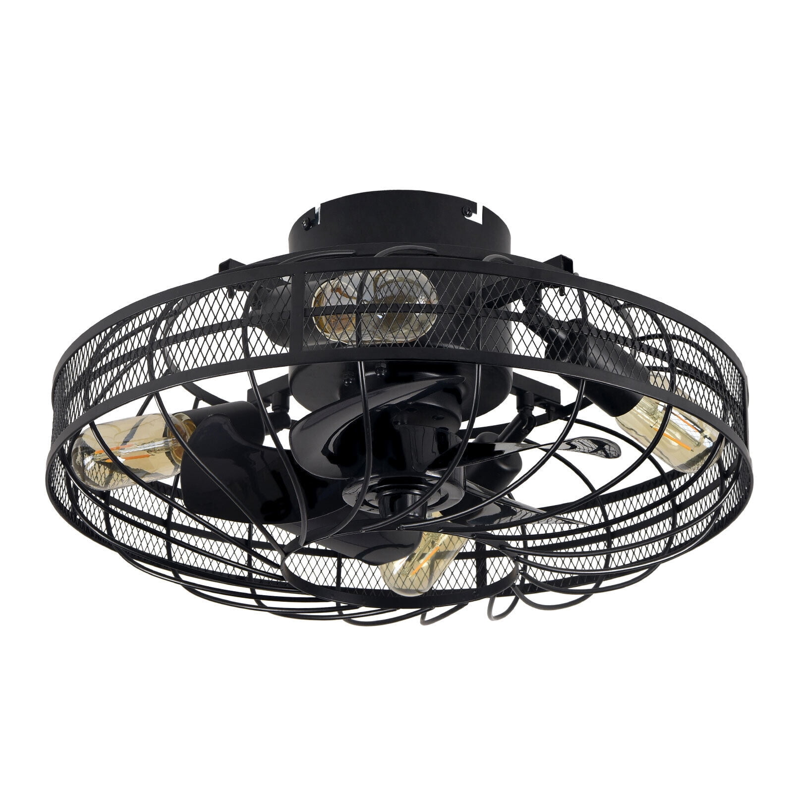 20" Caged Metal Ceiling Fan Light Black 3 Gear Flush Mount Chandelier +Remote