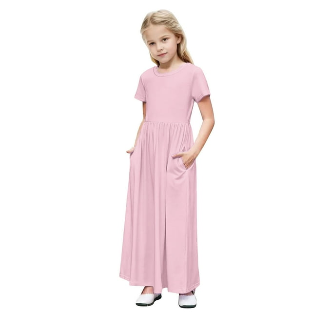 Leodye Robe Longue Maxi Décontractée à Manches Courtes et Imprimé Floral pour Fille avec Poches Rose 4 Ans