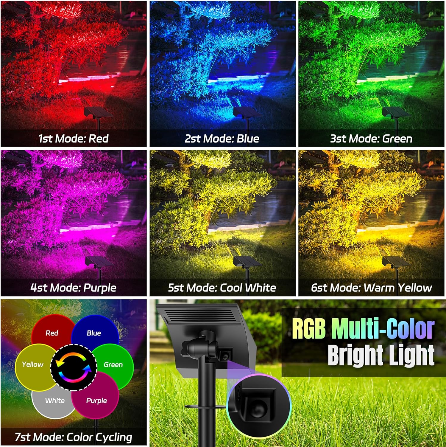 12-Pack Solar Spot Lights Outdoor Color Changing - 7 Lighting Modes for Christmas & Halloween Decor, Waterproof LED Flood Light for Yard, Garden, Pathway.