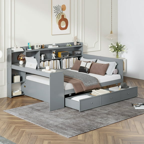 CoSoTower Full Size Wooden Daybed with 3 Drawers, USB Ports and Desk , Gray