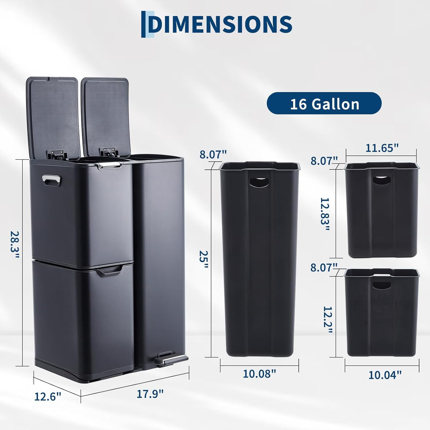 16 Gal Kitchen Triple Compartment Trash Can，Stainless Steel Garbage Can with Soft-Close Lid and Foot Pedal,for Recycling and Waste for Bathroom Home Office,Black