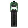 thumbnail image 4 of Raenseen Women Lyrical Dance Outfits Sets Sequins Rhinestones Crop Top with Mesh Sheer Pants Light Green L, 4 of 5