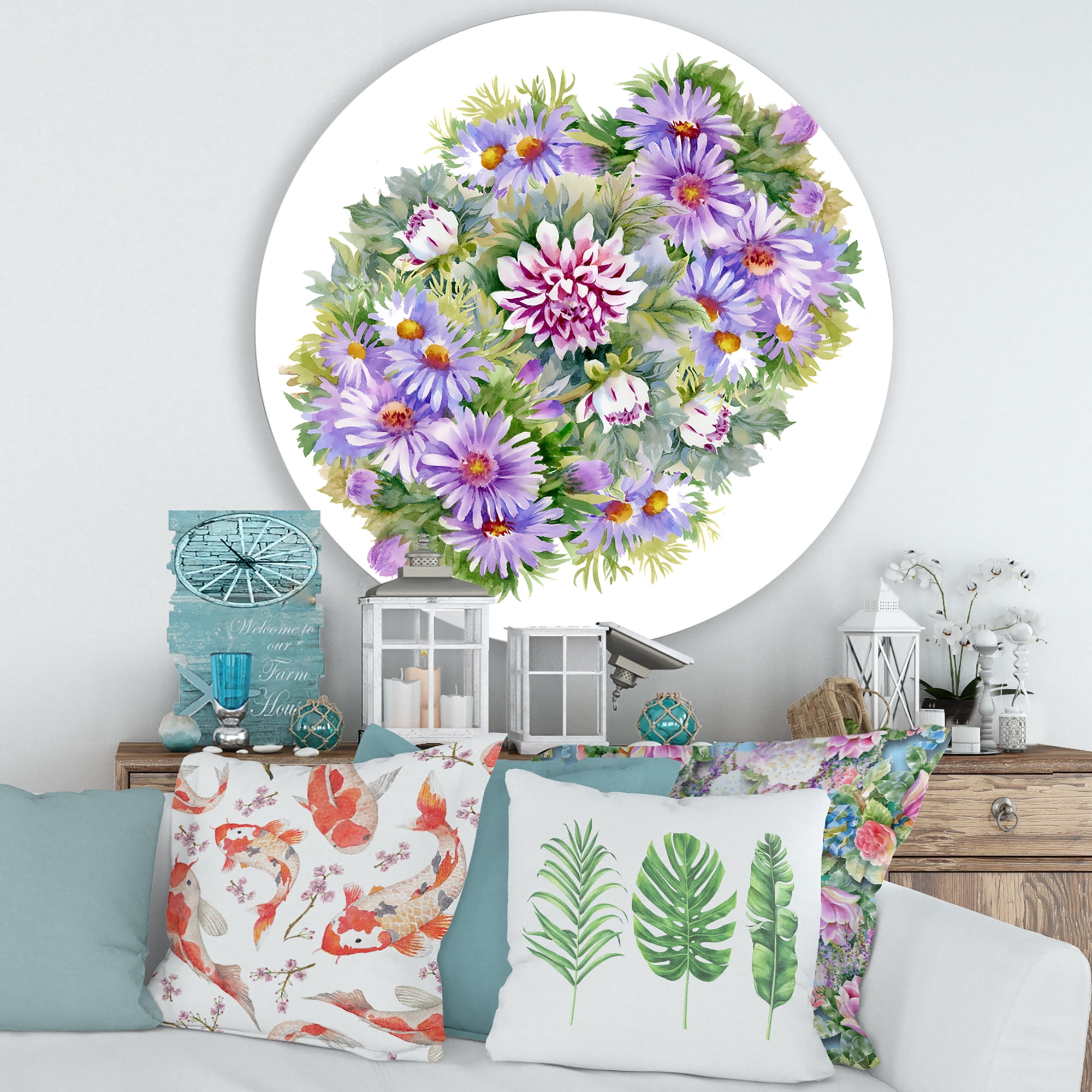 Designart 'Bouquet With Daisies and Purple Chrysanthemums' Traditional Circle Metal Wall Art 29x29 - Disc of 29