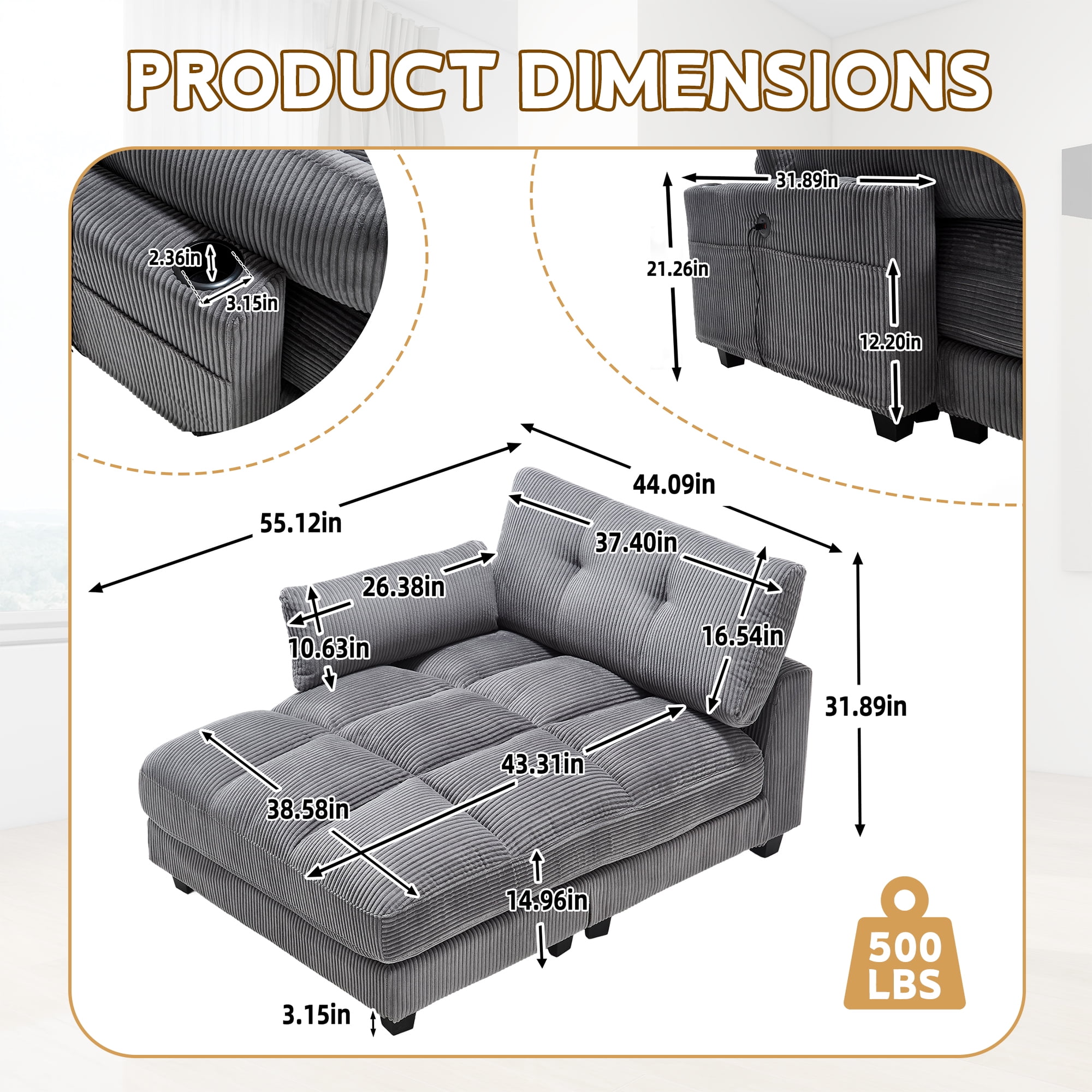 MOONMISS Corduroy Upholstered Soft Deep Seat Sofa with USB,Type-C&2 Cup Holders-Gray
