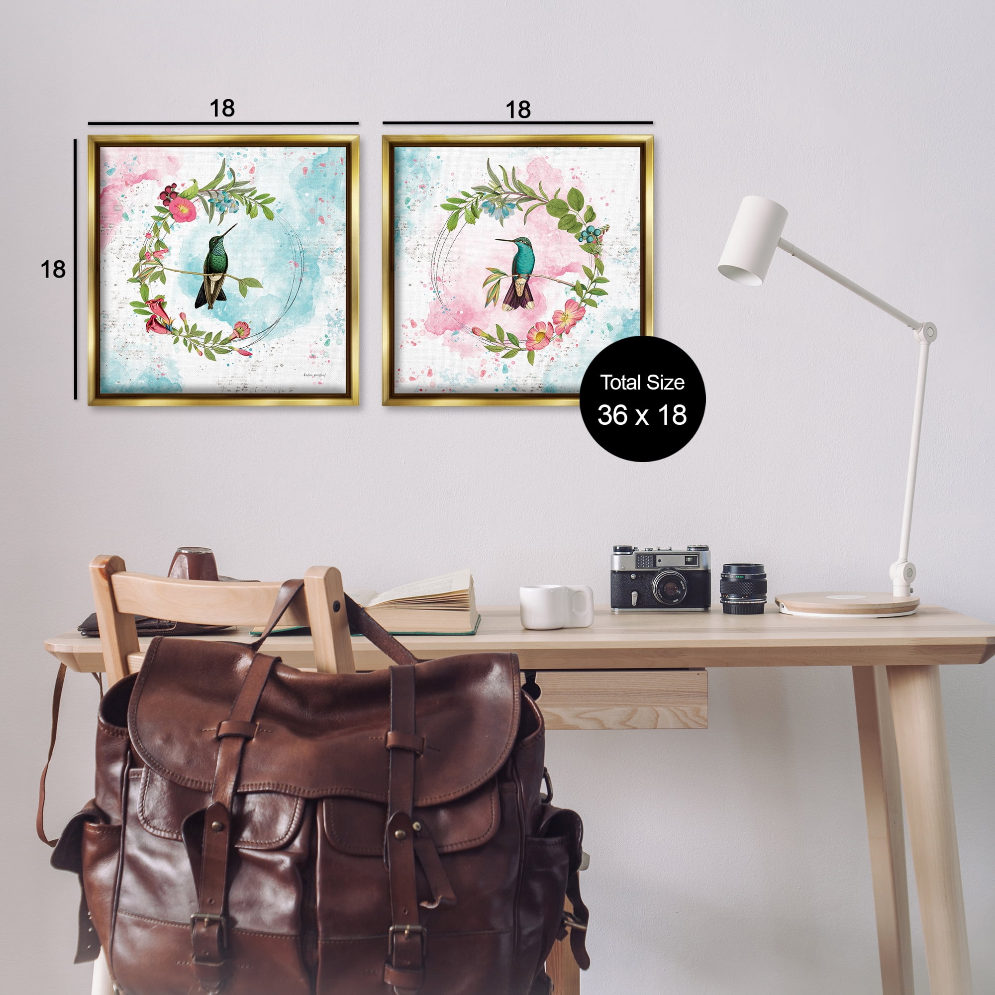 Stupell Industries Hummingbirds in Wreaths Animals Painting Gold Floater Framed Canvas Art Print Wall Art, 18 x 18, Set of 2