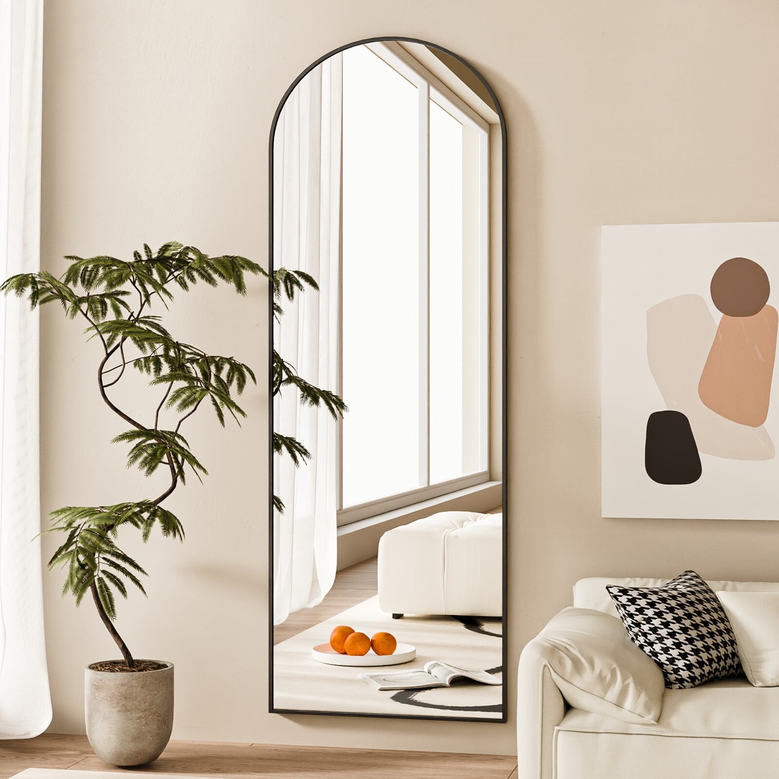 Easy4Home 58"x19" Arched Full Length Mirror with Aluminum Alloy Frame Freestanding Floor Dressing Mirror, Black