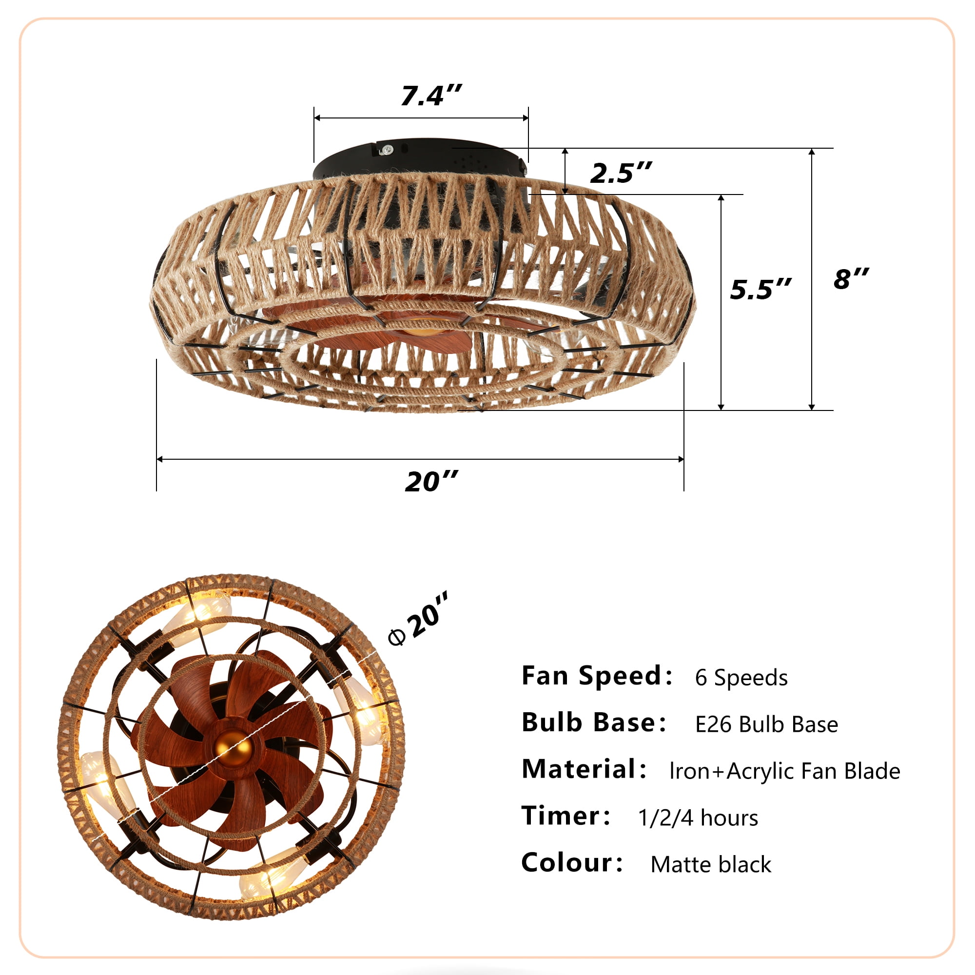 Leumius 20" Rope Caged Flush Mount Ceiling Fan with Light and Remote Control, Low Profile Chandelier 6 Speed DC Motor Reversible Ceiling Fan for Living Room Bedroom Matte Black (NOT Included Bulbs)