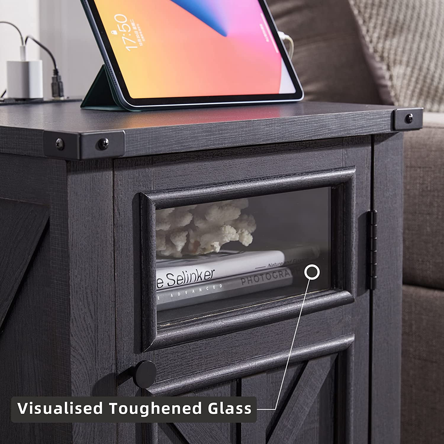 T4TREAM 17.8" W Farmhouse Wooden Nightstand End Table with Charging Station and Storage, Black