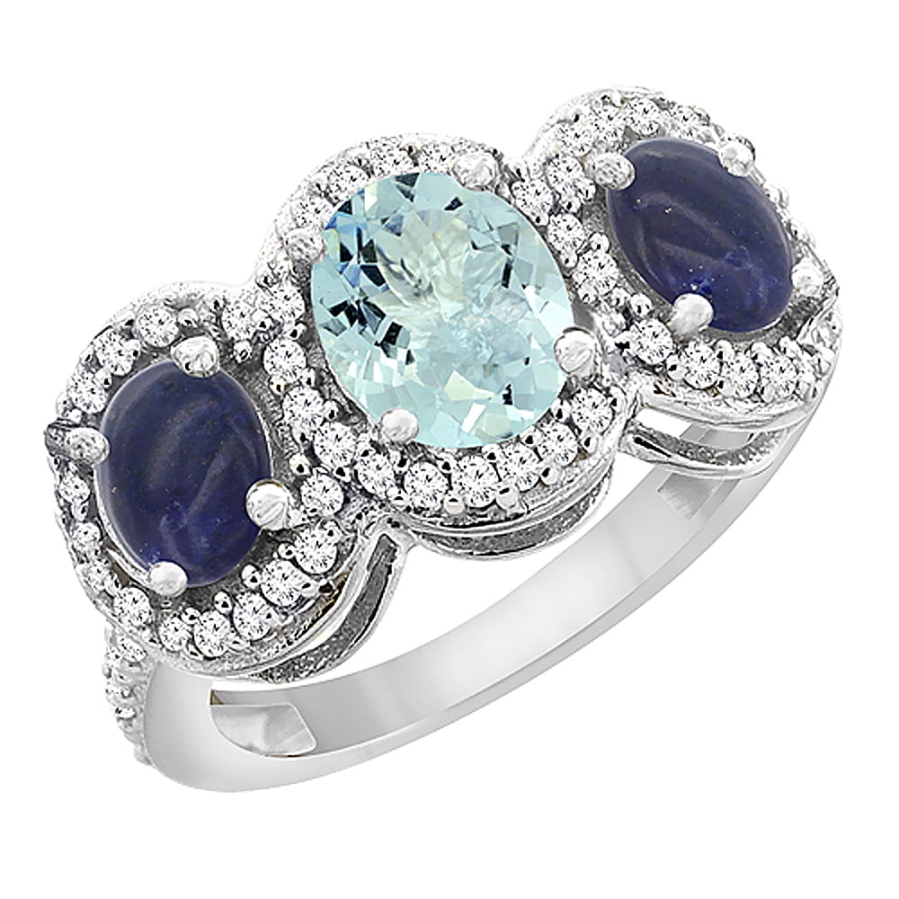 14K White Gold Natural Aquamarine & Lapis 3-Stone Ring Oval Diamond Accent, size 5.5 by Gabriella Gold