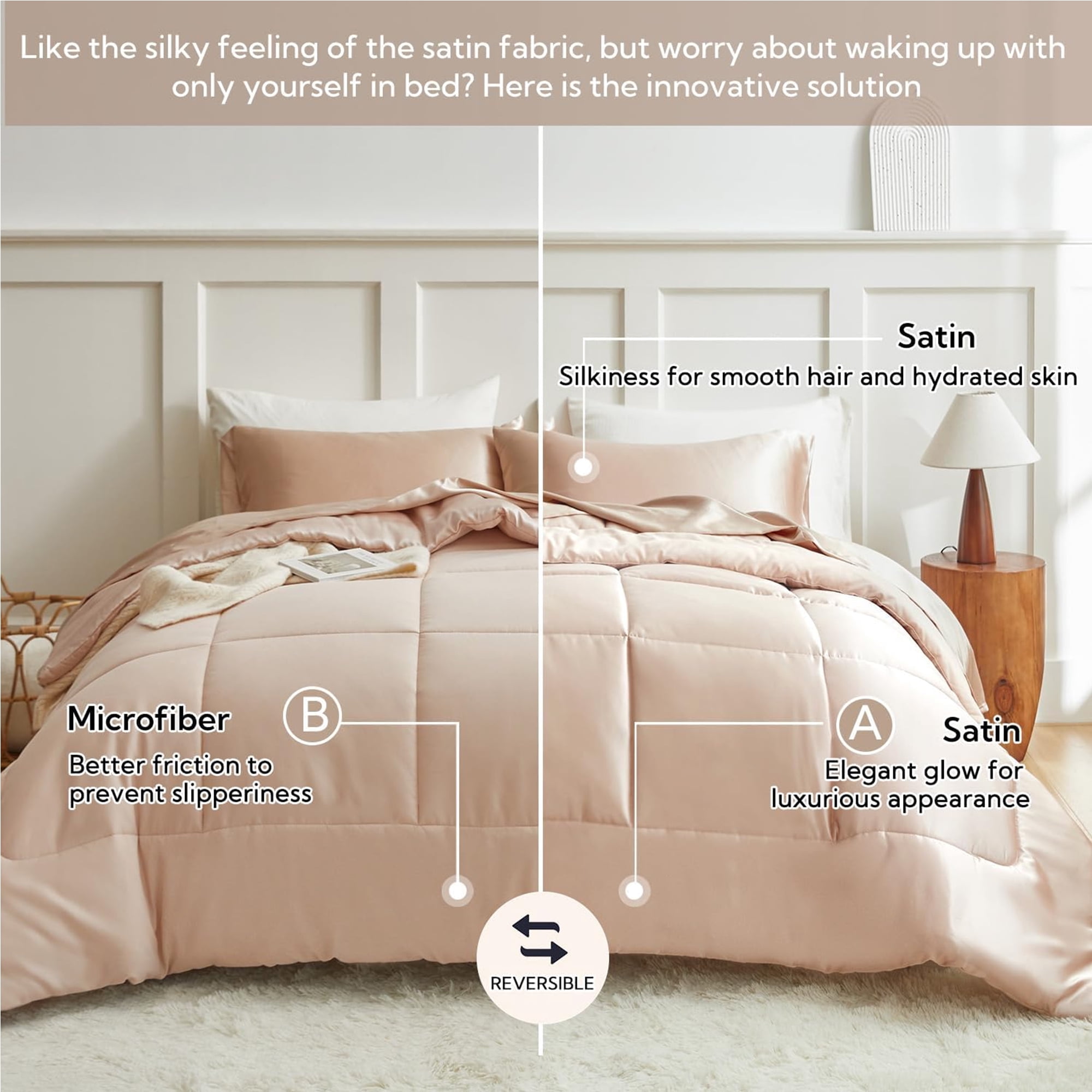 MR&HM Reversible Satin Microfiber Comforter 3 Pieces Queen Size, Champagne Queen Comforter Set for All Seasons, Silky Soft Satin Comforter for Hair and Skin, with Satin Pillowcases Set of 2