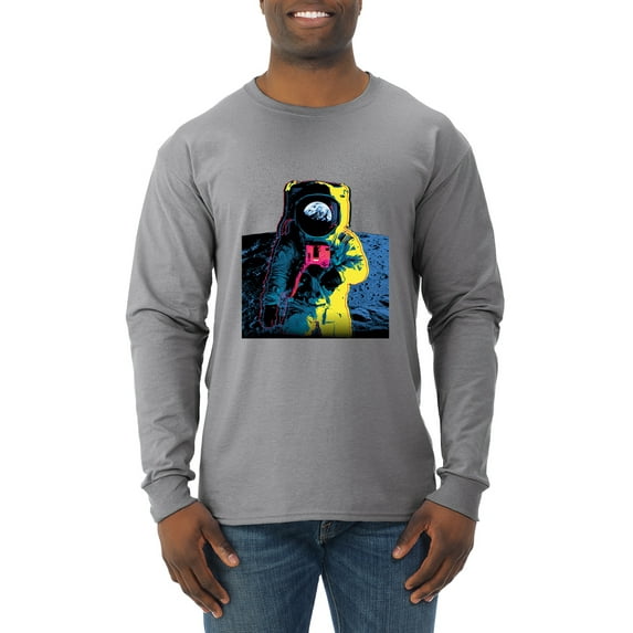 Wild Bobby, Colorful Cosmic Neon Astronaut Lunar Spaceman Moon Galaxy, Fashion, Men Long Sleeve Shirt, Heather Grey, Small
