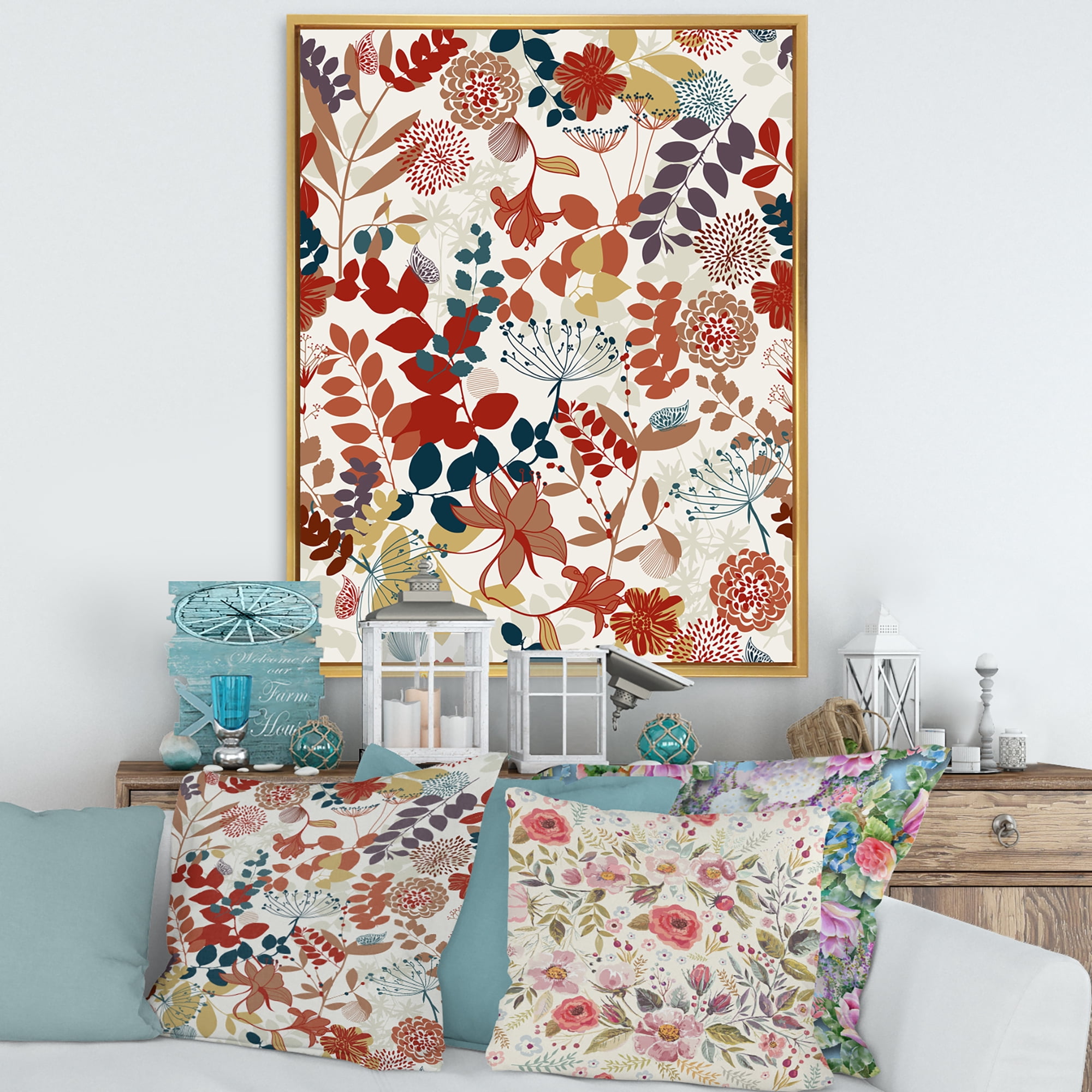 Botanical Retro Garden 30 in x 40 in Framed Painting Canvas Art Print, by Designart