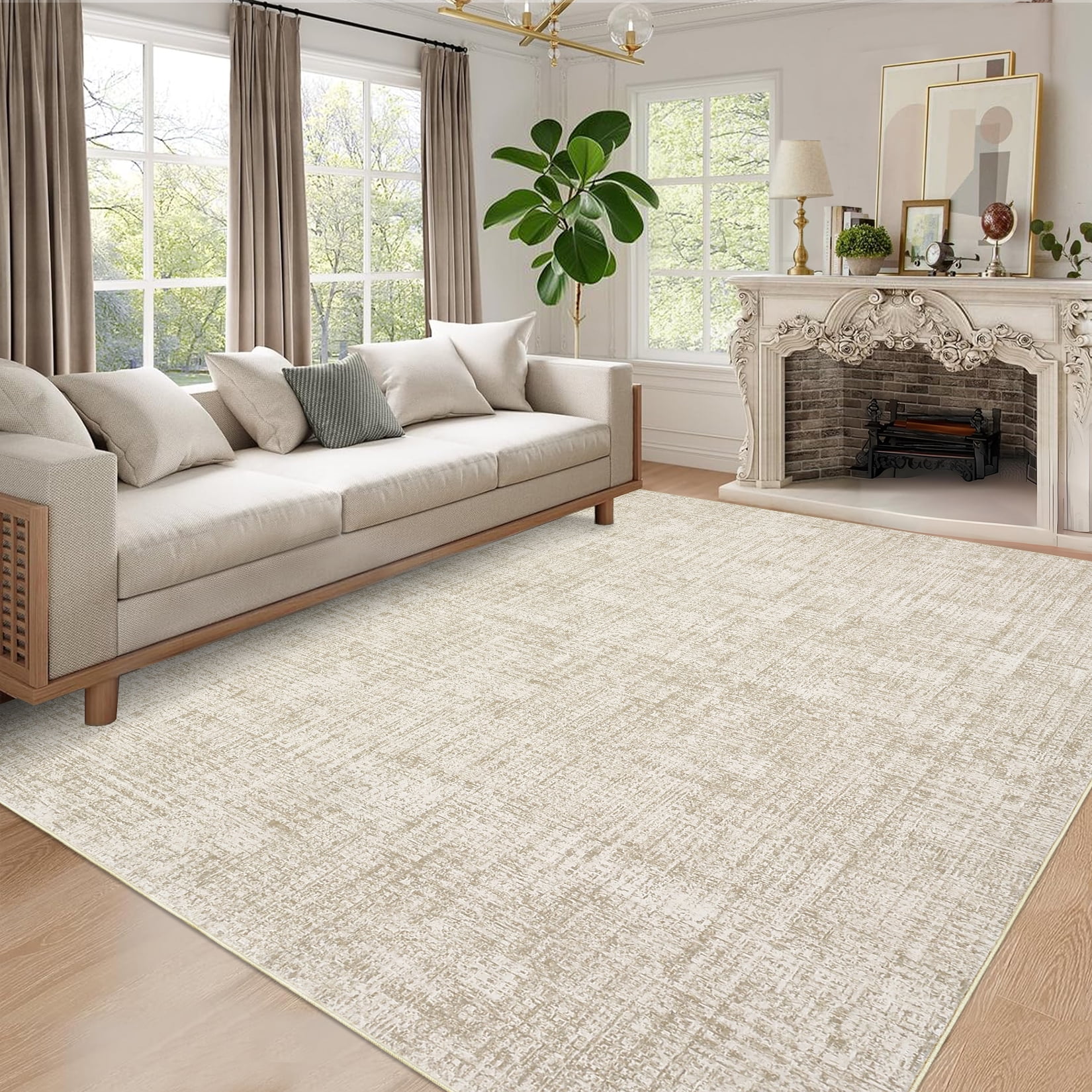 Area Rugs, Washable Large Rugs for Living Room Bedroom, Low Pile Soft Carpet, Modern Abstract Neutral Design, Non Slip & Non Shedding Foldable Floor Mats for Home Decor