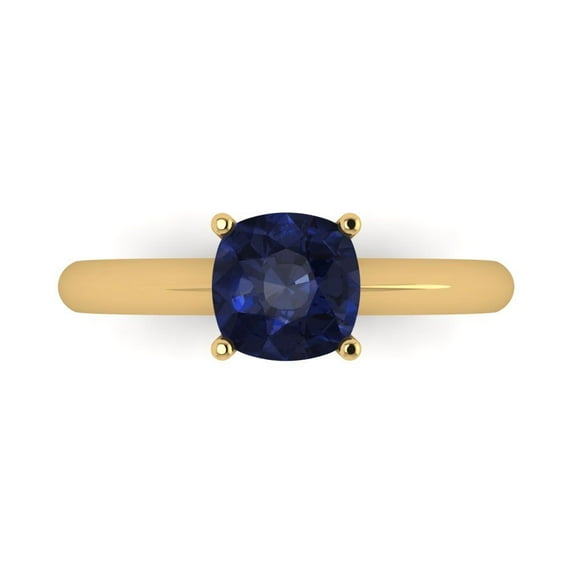 1.5 ctw Solitaire Anniversary Ring for Women | Cushion Cut Simulated Blue Sapphire | Hyperallergenic Solid 14K Yellow Gold