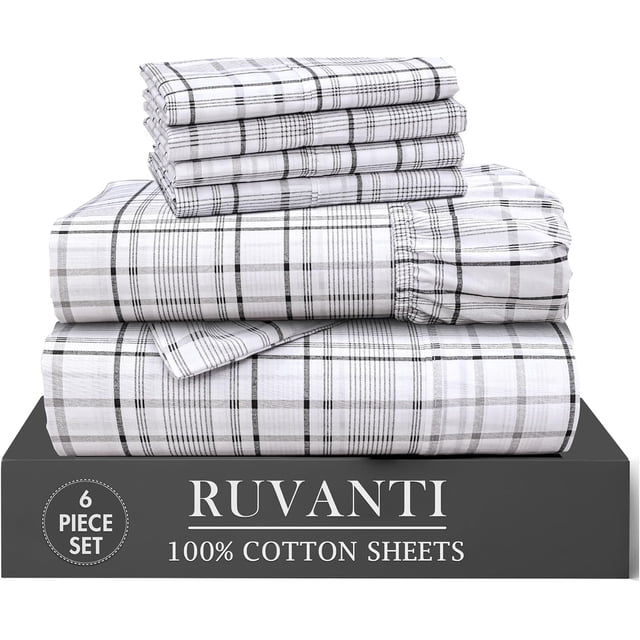 RUVANTI 6 Pcs Cotton Sheets - 100% Natural Cotton Soft, Lightweight & Breathable Crispy Percale Bed Sheets, Queen Sheet Set 16" Deep Pockets, Open Check