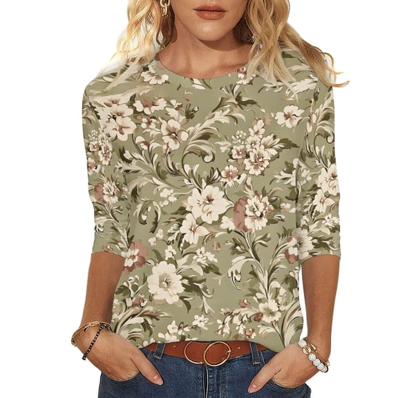 Craaazy Women's Cozy 3/4 Sleeve Floral Prints Round Neck Loose Summer T-shirts Gifts