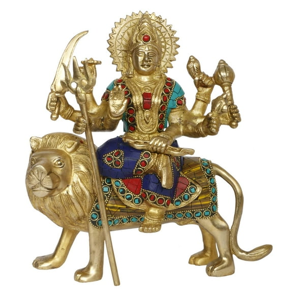 Brass World Brass Maa Durga Idol Sitting On Lion Ma Sherwali Murti Devi Statue for Home Mandir Office Living Room Shop Gift Navratra Puja Multicolor Stone Work Color 9.5 Inch