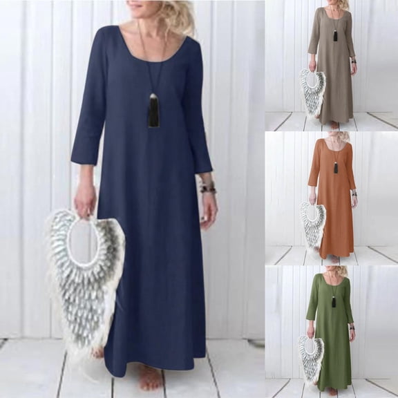 YHAJDS Women's Casual Dress,Casual Long Sleeve Dresses for Women Women's Dresses Solid Color Crew Neck 3/4 Sleeve Linen Dress Loose Comfortable Daily Wear for Fall Winter