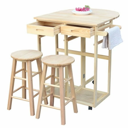 Fch Wood Rolling Kitchen Cart Fold Drop Leaf Table Dinning Trolley With 2 Drawers Round Stools