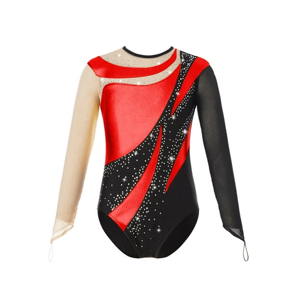 Kaerm Kids Girls Shiny Metallic Gymnastic Leotard Dance Bodysuit Mesh Splice Long Sleeve Keyhole Back Red 6