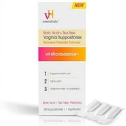 vH essentials Boric Acid Plus Vaginal Suppositories, Prebiotic Infused with Soothing Aloe Vera, pH Support Formula Fights Odor and Promotes Freshness, 600mg Boric Acid, 30 Count