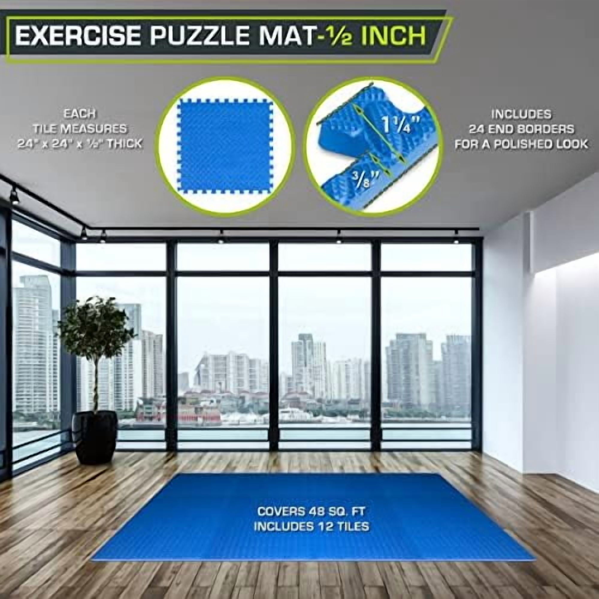 Puzzle Exercise Mat ½ in, EVA Interlocking Foam Floor Tiles for Home Gym, Mat for Home Workout Equipment, Floor Padding for Kids, Blue, 24 in x 24 in x ½ in, 48 Sq Ft - 12 Tiles