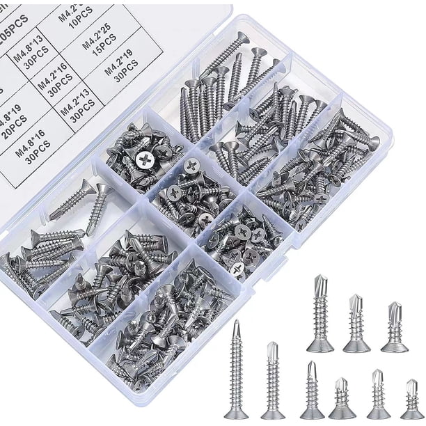 205 tornillos autorroscantes, tornillos autoperforantes M4.2 M4.8, tornillos de cabeza plana de acero inoxidable, tornillos de cabeza avellanada para madera - 13 mm/16 mm/19 mm/25 mm/32 mm