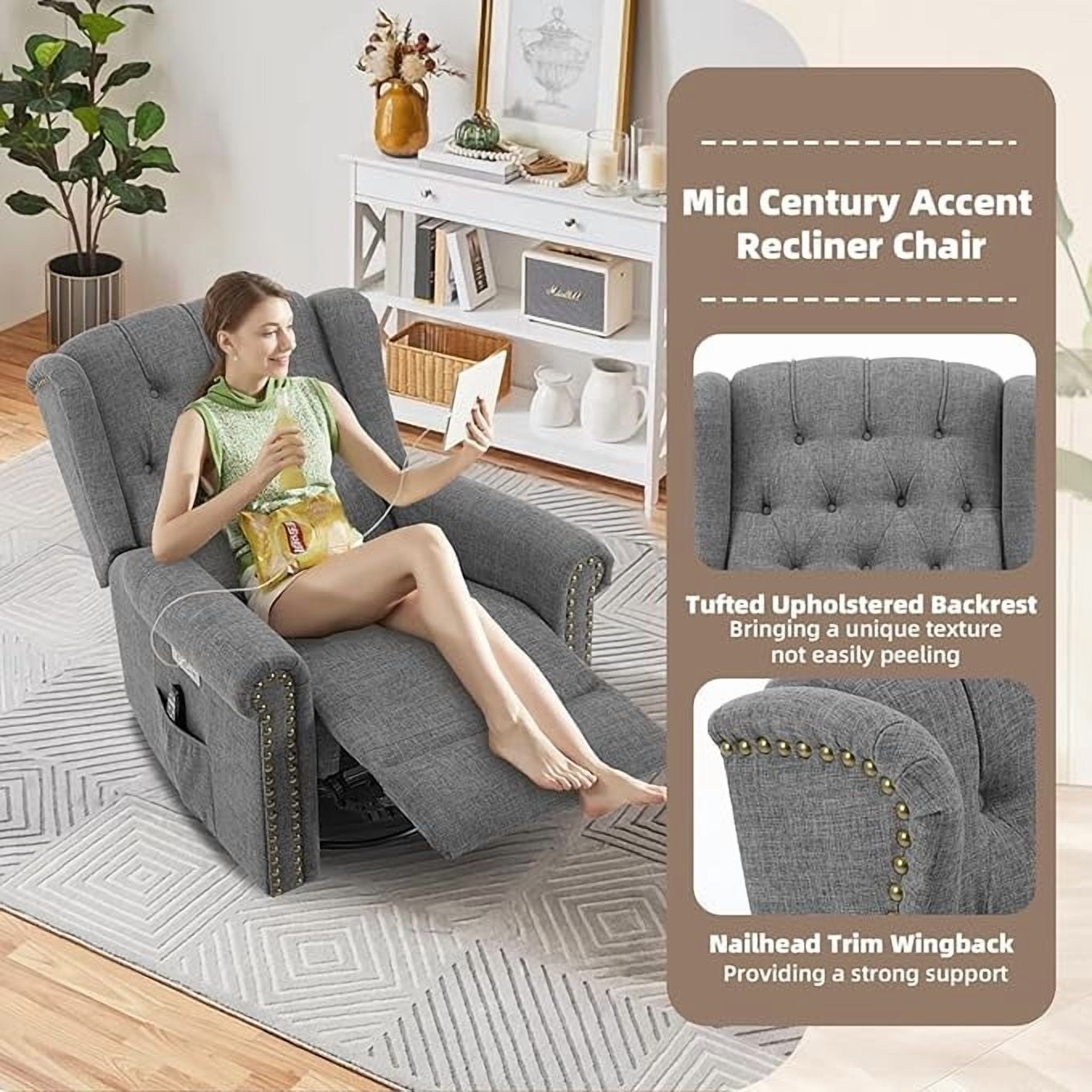 EPICOZY Power Swivel Rocking Glider Recliner Chair with Massage and Heat, Electric Nursery Glider Rocker for Living Room, Wingback Tufted Upholstered Recliner Chair with Type-C & USB Ports, Grey