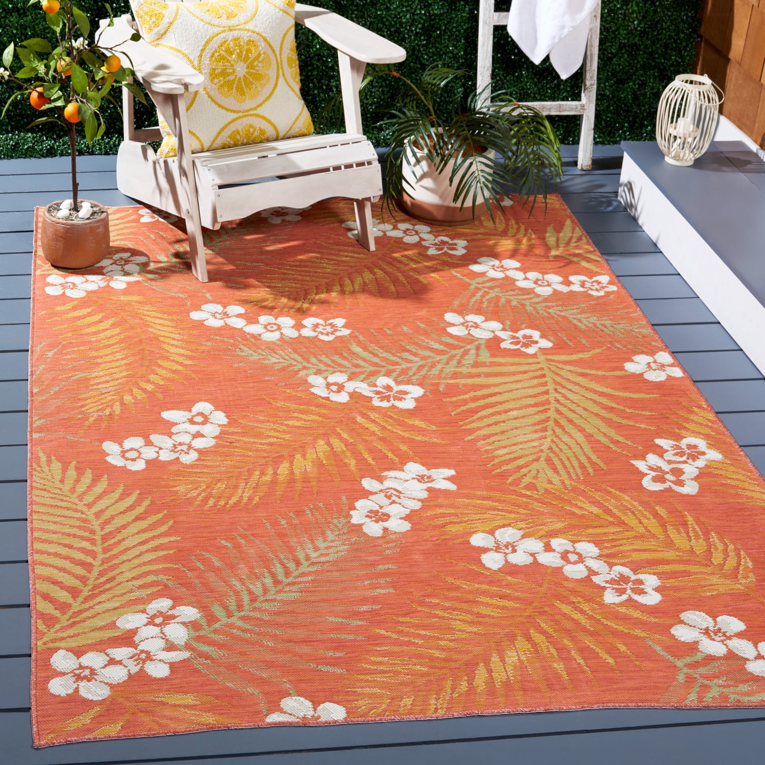 SAFAVIEH Sunrise Jane Floral Reversible Indoor/Outdoor Area Rug, Ivory/Rust Sage, 5'3" x 7'7"