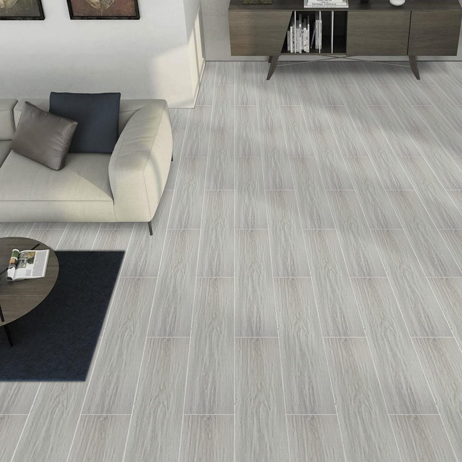 Lxcreat Peel and Stick Vinyl Flooring Gray Tile Plank Easy to Paste 35-in x 6-in, Self-Adhesive DIY Flooring Grain Feel for Kitchen Dinning Room Bedroom Home Decoration 10 Pcs