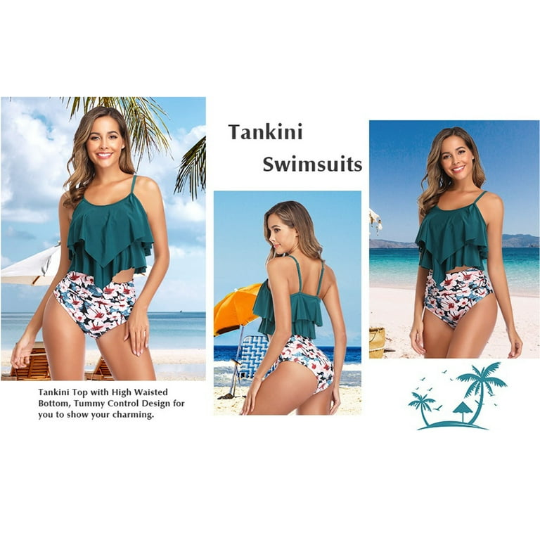 Zando Womens Tankini Swimsuit Ruffled Bathing Suits for Women Tummy Control  High Waisted Swimsuits Blue Flower XL