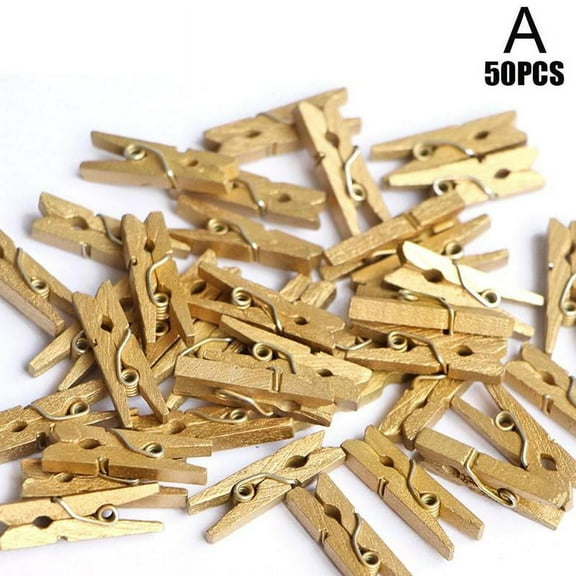 50x Mini Wooden Gold/Silver Clothe Photo Paper Peg Clips Clothespin Craft O8E6 U4E5