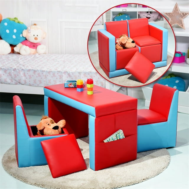 Costway Sillón Sofá Combinable para Niños en PVC Espuma Conjunto de Mesa y Silla Multifuncional Infantil