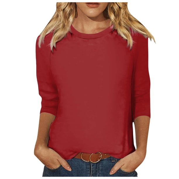 Camisa raglán informal de manga 3/4 para mujer, cuello redondo, poliéster, color liso, estilo informal y moderno, tallas S-XXL
