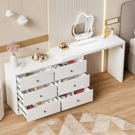 PAKASEPT Makeup Vanity Desk with Lights, Extendable Vanity Table with 6 Drawers, 3 Color Lighting Modes Adjustable Brightness, Dressing Table for Bedroom, Studio