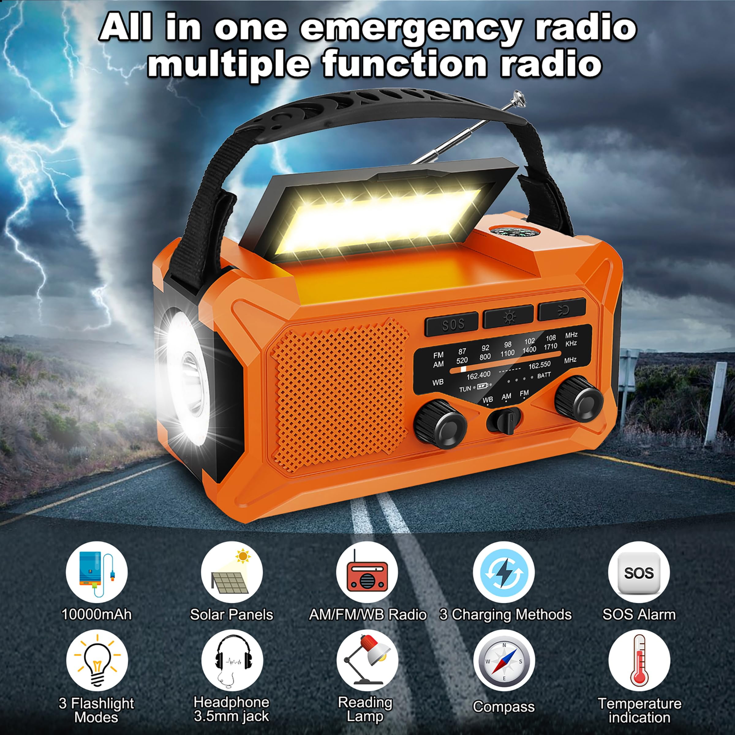 KOGYAS 10000mAh Hand Crank Radio,Emergency Radio,Solar Radio,NOAA/AM/FM Weather Radio,USB Type-C Charging,Dynamo Radio,Polymer Battery,Torch & LED Reading Light,SOS Alarm,Compass for Camping
