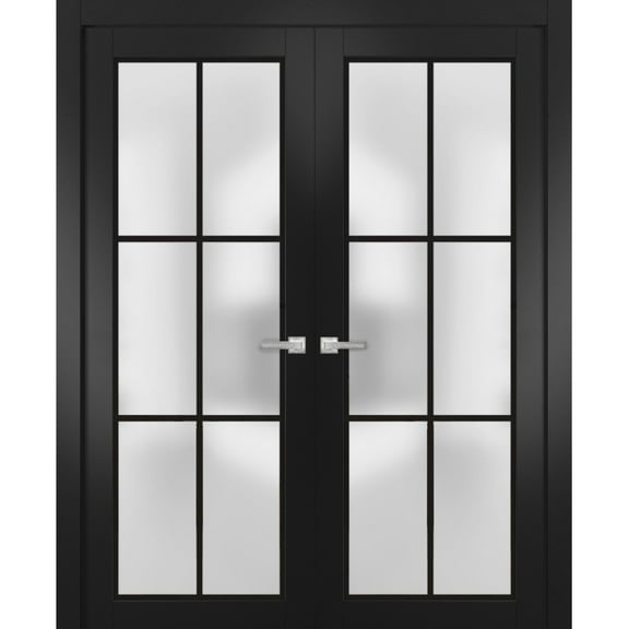 Solid French Double Doors 36 x 80 inches | Planum 2122 Matte Black Frosted Glass | Wood Solid Panel Frame Trims | Closet Bedroom Sturdy Doors
