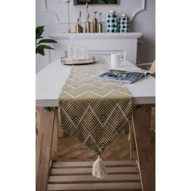 Xiao Hua Camino de mesa con borlas triangulares, diseño de ondas verdes, estilo nórdico, jacquard, geométrico, con borlas, para té, comida, tira larga, poliéster y algodón, amarillo, 30 x 178 cm