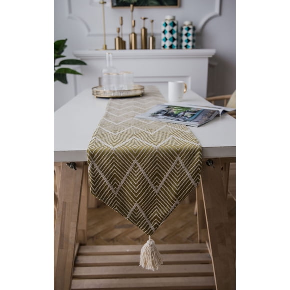 Nvzi Triangle Tassel Table Runner Green Wave Nordic Jacquard Geometric Table Flag Tassel Fashion Tea Flag Meal Flag Long Strip Polyester Cotton Tablecloth,Yellow 11.81*55inch