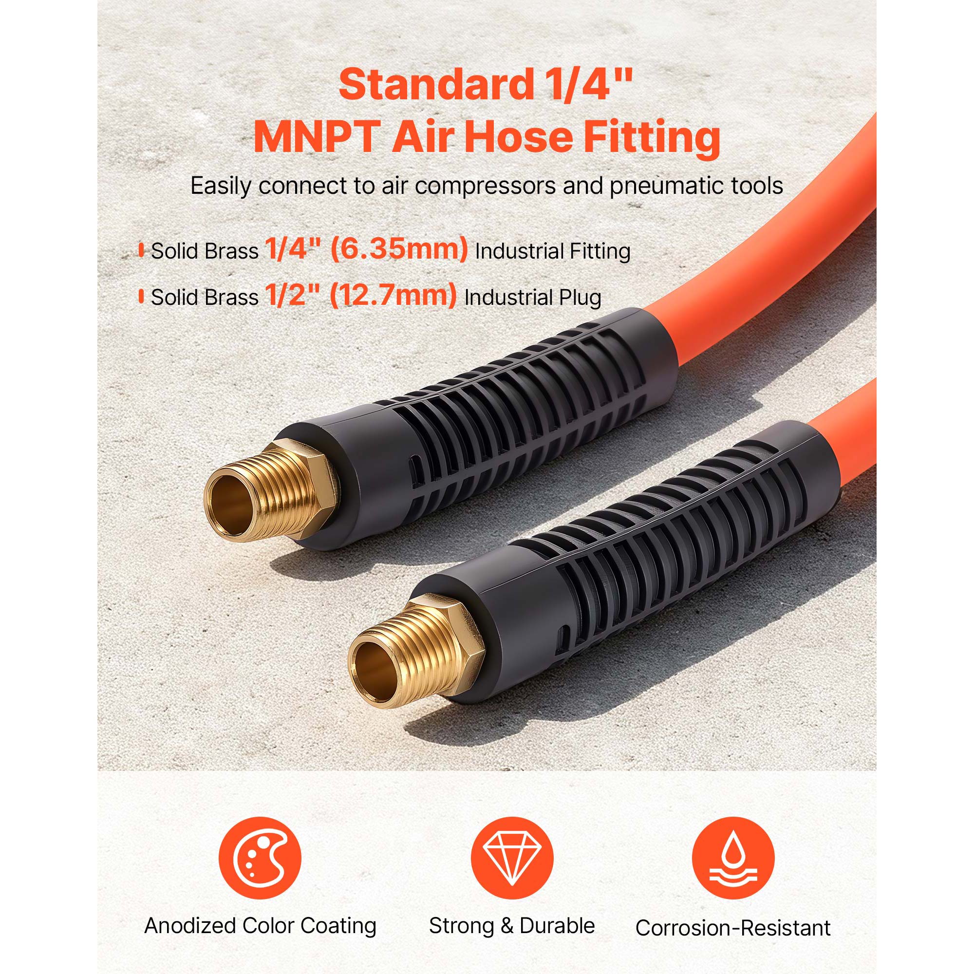 KFFKFF 3/8'' x 50ft Hybrid Air Hose, Lightweight and Flexible, Kink-Resistant Pneumatic Hose with 1/4 inch Solid Brass Male Fittings, Durable Three-Layer Design, 300 PSI
