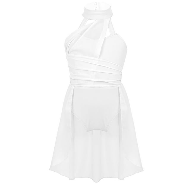 Miaeowve Robe de Danse en Chiffon à Col Montant avec Découpe dans le Dos pour Filles, Ivoire 14