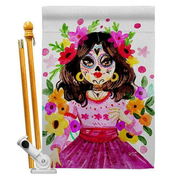 Angeleno Heritage HS130410-BO La Catrina Falltime Day of Diad 28 x 40 in. Double-Sided Decorative Vertical House Flag Set for Decoration Banner Garden Yard Gift