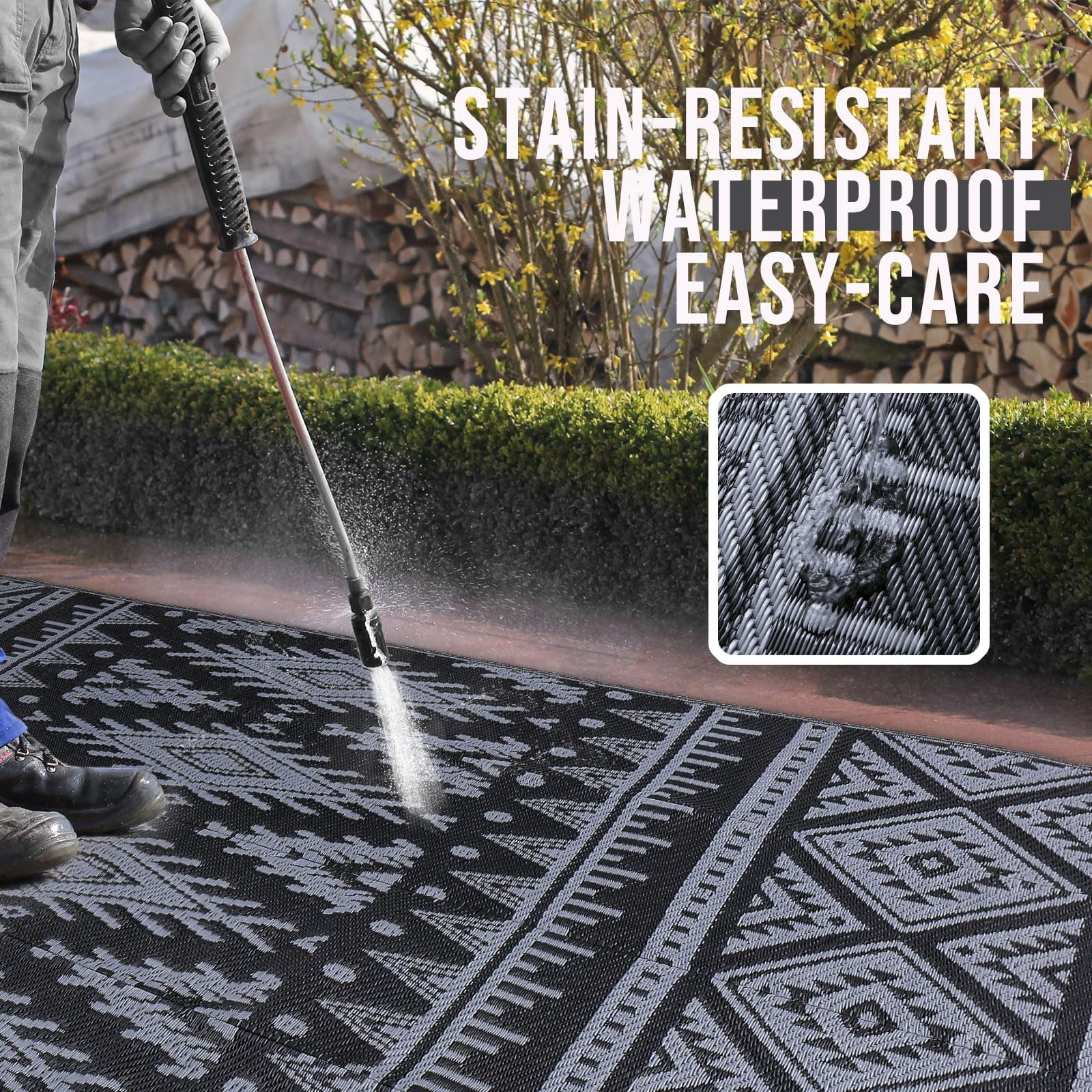 Smiry Outdoor Rugs 8'X10', Waterproof Plastic Outdoor Mat, Reversible Outdoor Carpet for Patio, RV Camping, Porch, Black & Grey