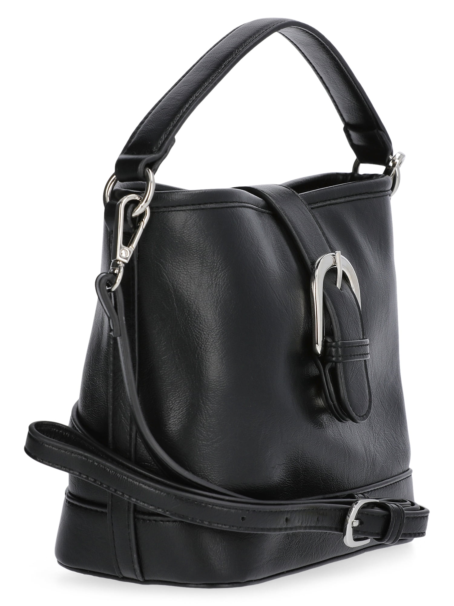 No Boundaries Women's Faux Leather Moto Bucket Bag, Black